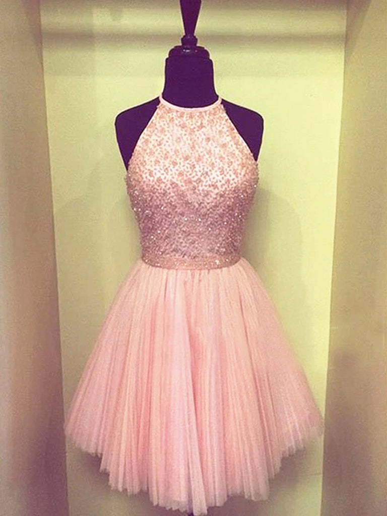 Round Neck Short Pink Prom Dresses, Short Pink Formal Dresses, Short Graduation Dresses, Pink Homecoming Dresses