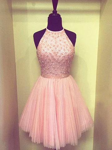 Round Neck Short Pink Prom Dresses, Short Pink Formal Dresses, Short Graduation Dresses, Pink Homecoming Dresses
