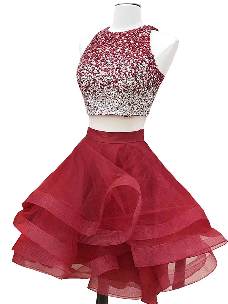 Round Neck 2 Pieces Short Burgundy Beaded Prom Dress, Two Pieces Short jbydress Round Neck 2 Pieces Short Burgundy Beaded Prom Dress, Two Pieces Short jbydress