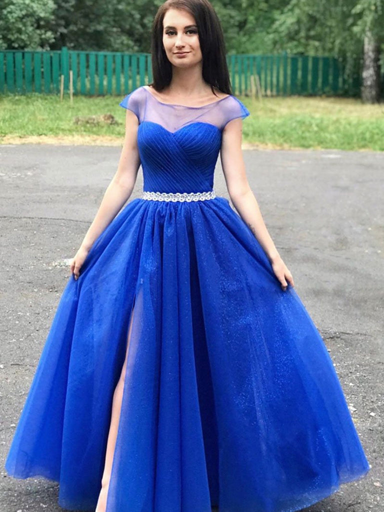 Round Neck Cap Sleeves Blue Prom Dresses, Cap Sleeves Long Blue Formal jbydress Round Neck Cap Sleeves Blue Prom Dresses, Cap Sleeves Long Blue Formal jbydress