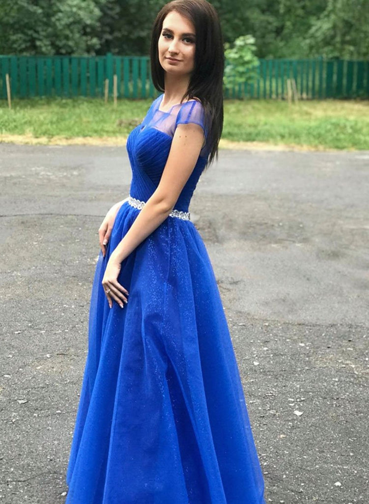 Round Neck Cap Sleeves Blue Prom Dresses, Cap Sleeves Long Blue Formal jbydress Round Neck Cap Sleeves Blue Prom Dresses, Cap Sleeves Long Blue Formal jbydress
