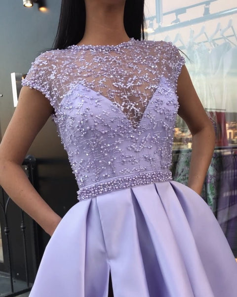 Round Neck Cap Sleeves Purple Lace Prom Dresses Long, Cap Sleeves Purp ...