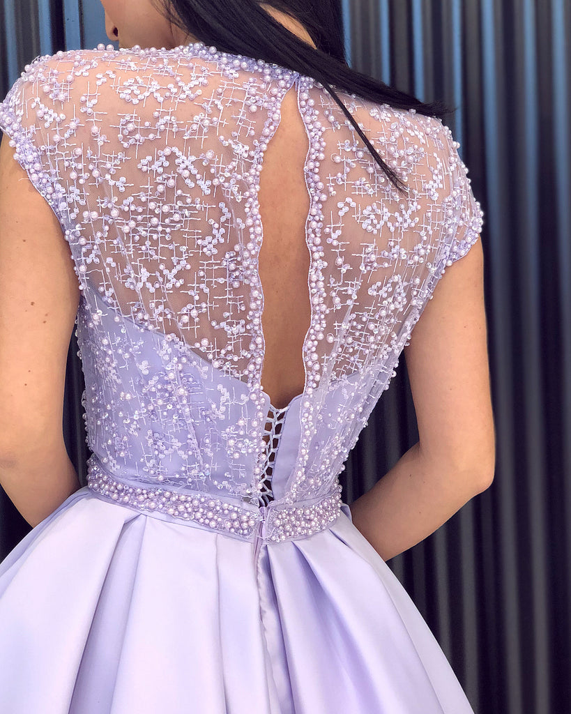 purple cocktail dresses with sleeves Round Neck Cap Sleeves Purple Lace Prom Dresses Long, Cap Sleeves Purp – jbydress