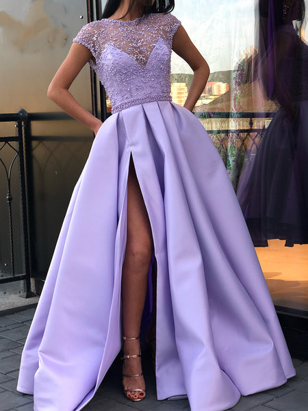 Round Neck Cap Sleeves Purple Lace Prom Dresses Long, Cap Sleeves Purple Long Lace Formal Graduation Evening Dresses