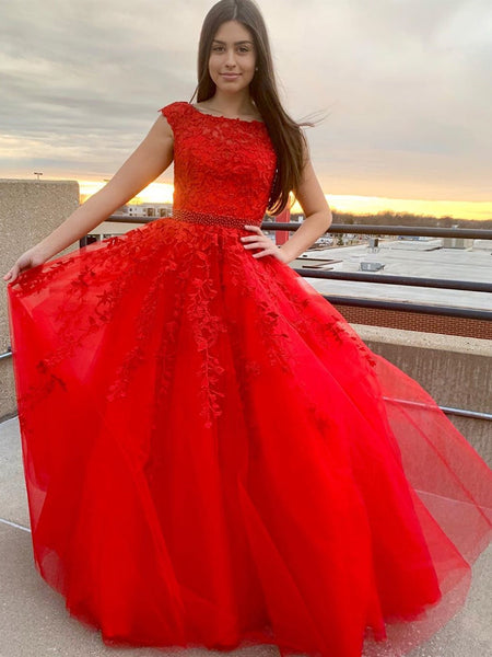 Round Neck Cap Sleeves Red Lace Prom Dresses, Cap Sleeves Red Lace Formal Graduation Evening Dresses