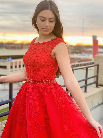 Round Neck Cap Sleeves Red Lace Prom Dresses, Cap Sleeves Red Lace Formal Graduation Evening Dresses