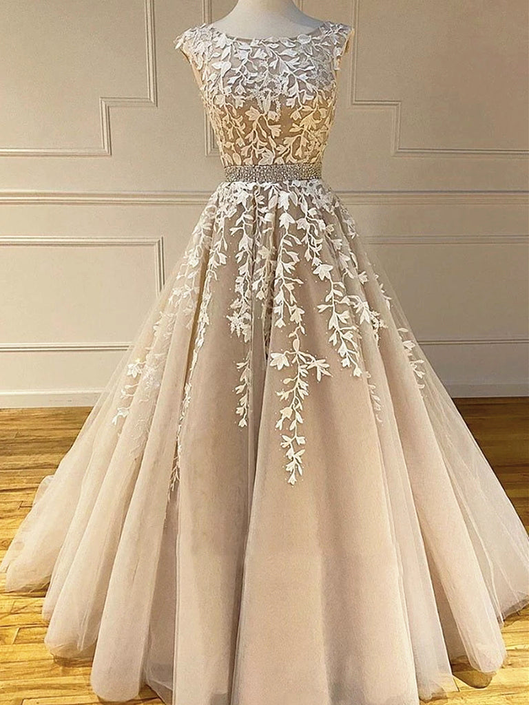 Round Neck Long Champagne Lace Wedding Dresses, Champagne Lace Formal jbydress Round Neck Long Champagne Lace Wedding Dresses, Champagne Lace Formal jbydress