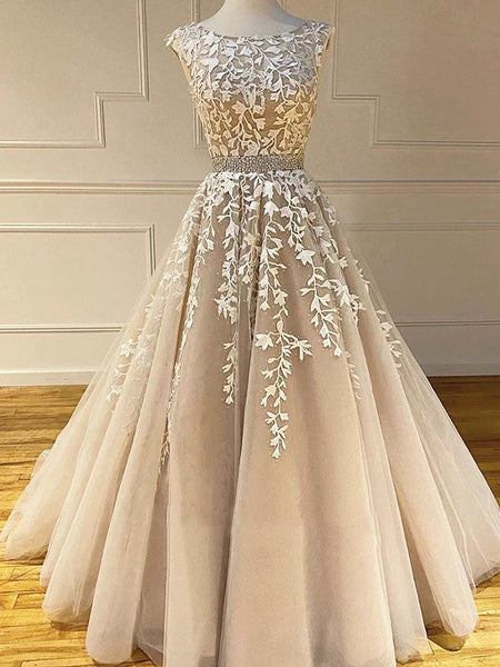 Round Neck Long Champagne Lace Wedding Dresses, Champagne Lace Formal Prom Evening Dresses