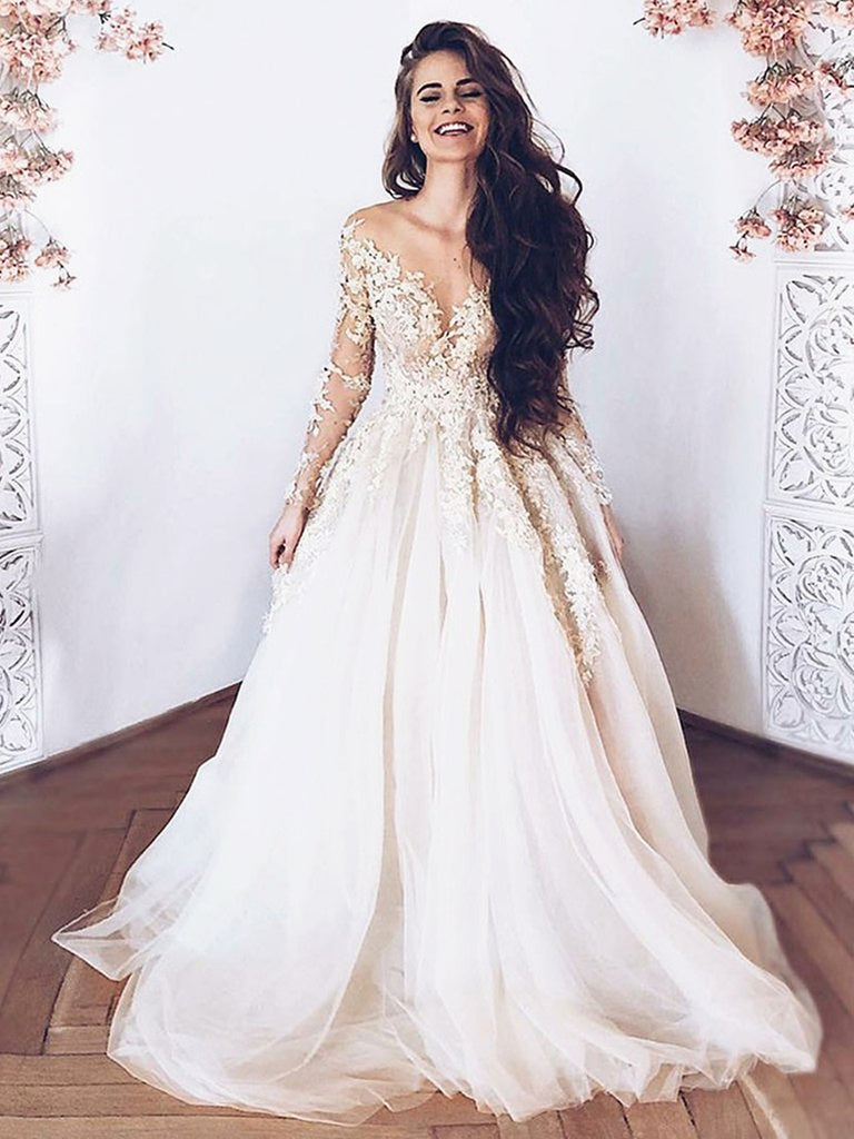 Round Neck Long Sleeves Lace Wedding Dresses, Long Sleeves Lace Prom F jbydress Round Neck Long Sleeves Lace Wedding Dresses, Long Sleeves Lace Prom F jbydress