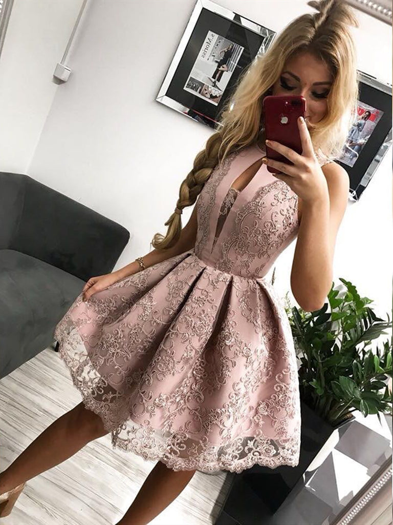 Round Neck Short Pink Lace Prom Dresses, Short Pink Lace Formal Homecoming Graduation Dresses