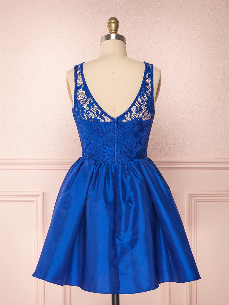 Round Neck Short Royal Blue Lace Prom Dresses, Short Royal Blue Lace H