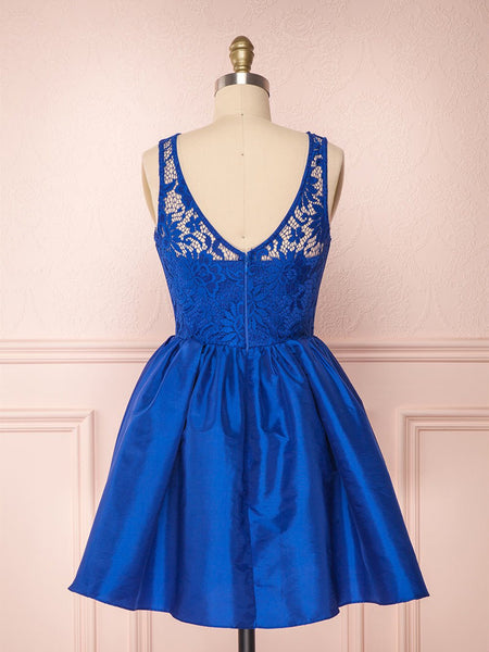 Round Neck Short Royal Blue Lace Prom Dresses, Short Royal Blue Lace Homecoming Graduation Dresses
