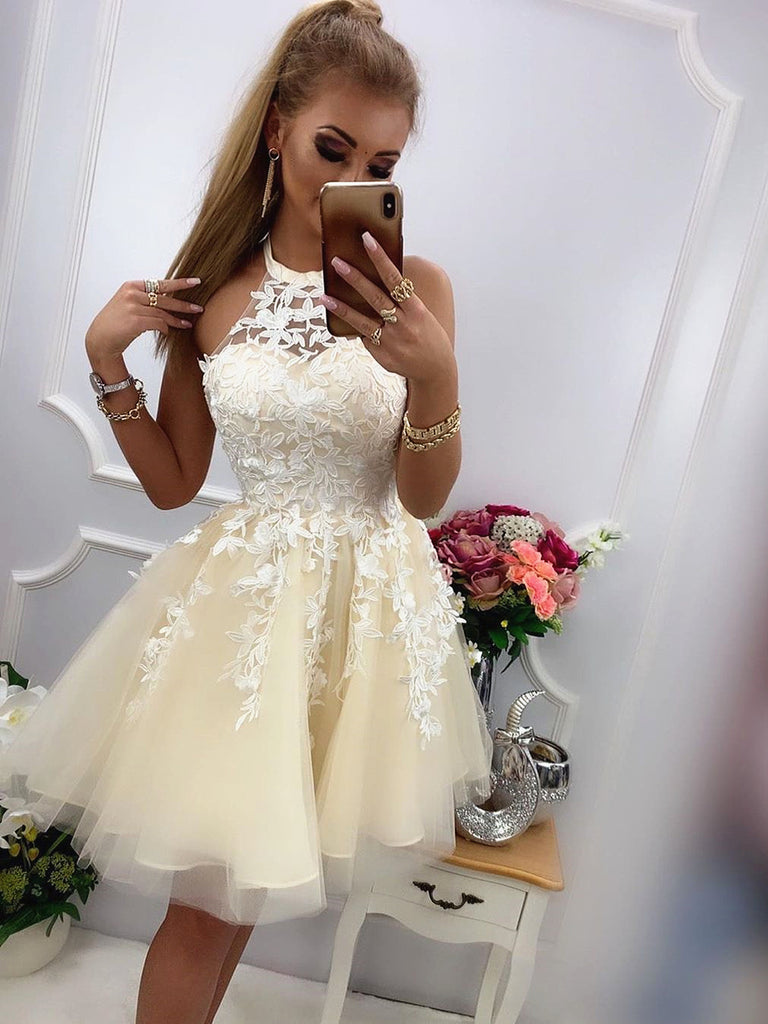 Round Neck Short Yellow Lace Prom Dresses, Short Yellow Lace Homecomin jbydress Round Neck Short Yellow Lace Prom Dresses, Short Yellow Lace Homecomin jbydress
