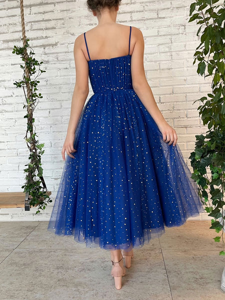 Royal Blue Tea Length Tulle Prom Dresses, Royal Blue Tea Length Formal Evening Dresses