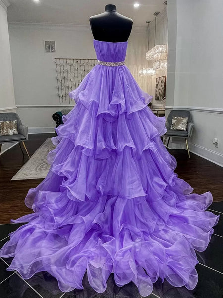 Ruffled Organza Purple Long Prom Dress, Ruffled Organza Long Purple Formal Graduation Dresses