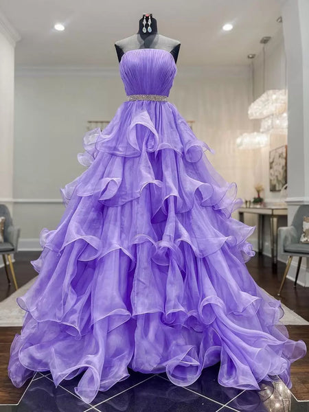 Ruffled Organza Purple Long Prom Dress, Ruffled Organza Long Purple Formal Graduation Dresses