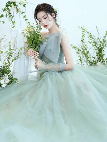 Sage Tulle Long Prom Dresses, Sage Tulle Long Formal Homecoming Dresses