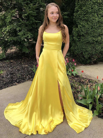 Scoop Neck Yellow Satin Prom Dress with Leg Slit, Yellow Satin Long Formal Evening Dresses