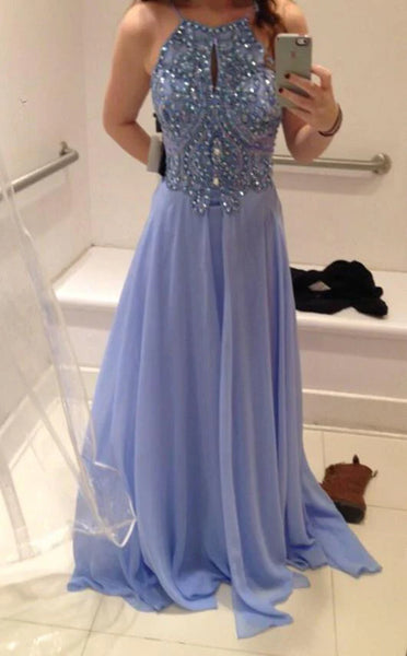 Sexy Spaghetti Straps Beaded Chiffon Long Backless Light Blue Prom Dress, Long Backless Formal Dress