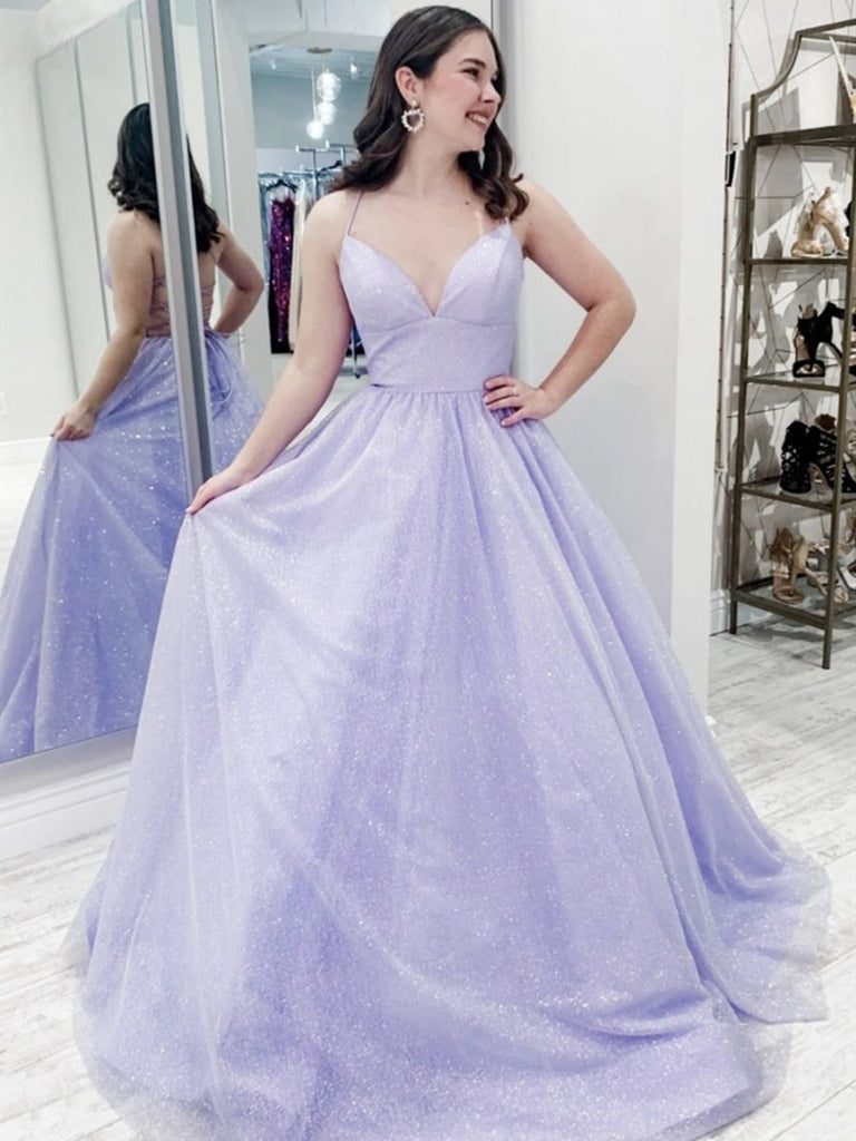 Shiny A Line V Neck Backless Purple Long Prom Dresses, Open Back Purple Long Formal Evening Dresses