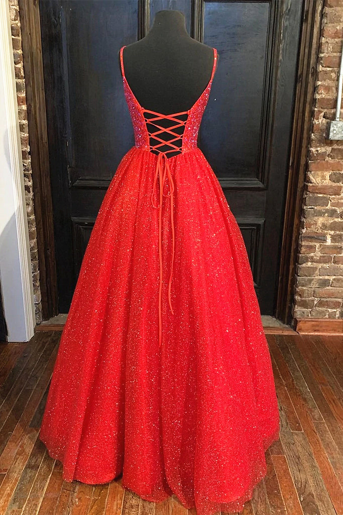 Shiny A Line V Neck Black Red Long Prom Dresses, V Neck Backless Long jbydress Shiny A Line V Neck Black Red Long Prom Dresses, V Neck Backless Long jbydress