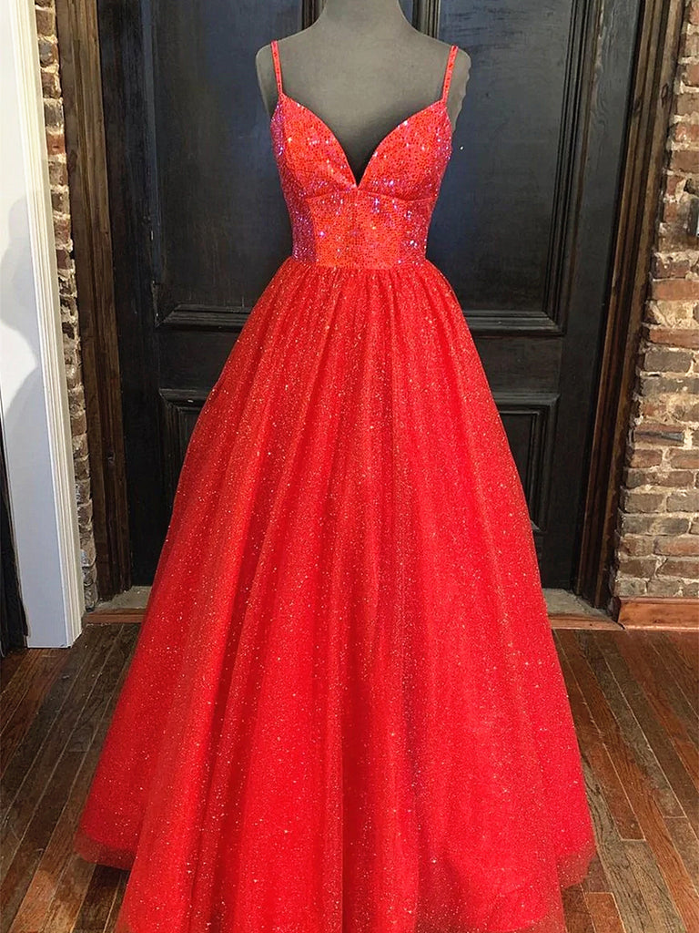 Shiny A Line V Neck Black Red Long Prom Dresses, V Neck Backless Long jbydress Shiny A Line V Neck Black Red Long Prom Dresses, V Neck Backless Long jbydress