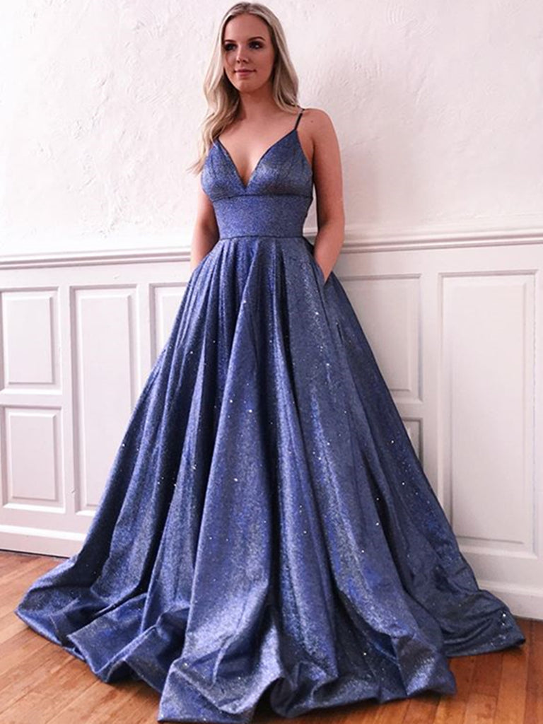 Shiny A Line V Neck Blue Long Prom Dresses, V Neck Blue Long Formal Evening Dresses
