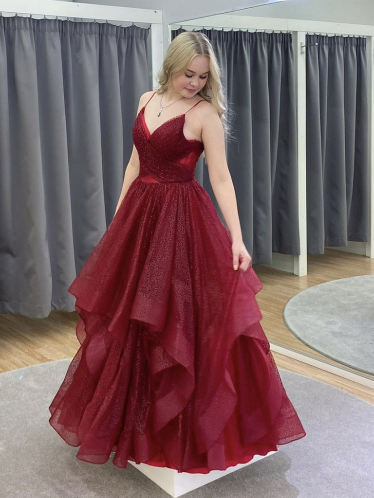 Shiny A Line V Neck Burgundy Tulle Prom Dresses, Wine Red Tulle