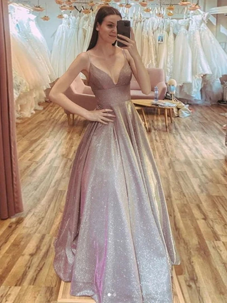 Shiny A Line V Neck Champagne Long Prom Dresses, Champagne V Neck Long jbydress Shiny A Line V Neck Champagne Long Prom Dresses, Champagne V Neck Long jbydress