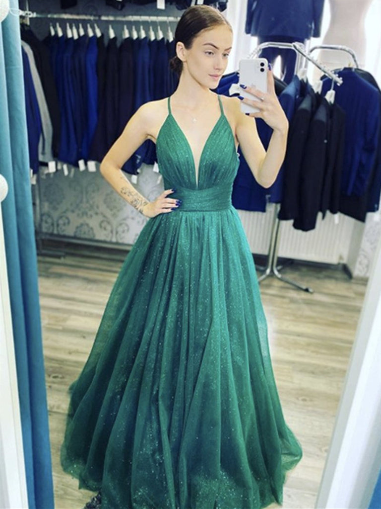 Shiny A Line V Neck Green Tulle Long Prom Dresses, Green Tulle V Neck jbydress Shiny A Line V Neck Green Tulle Long Prom Dresses, Green Tulle V Neck jbydress