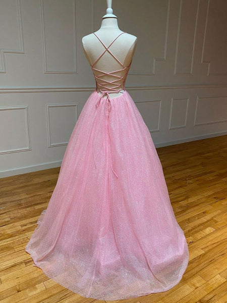 Shiny A Line V Neck Pink Long Prom Dresses, Backless Pink Long Formal Evening Dresses