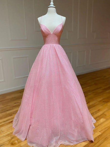 Shiny A Line V Neck Pink Long Prom Dresses, Backless Pink Long Formal Evening Dresses