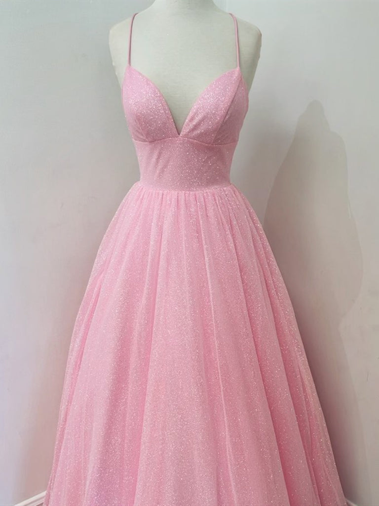Shiny A Line V Neck Pink Long Prom Dresses, Pink Long Formal Evening Dresses