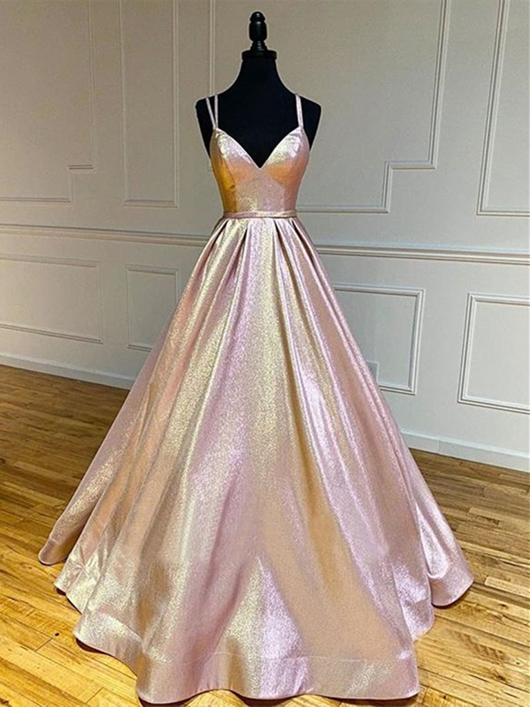 Shiny A Line V Neck Rose Gold Blue Long Prom Dresses, V Neck Rose Gold jbydress Shiny A Line V Neck Rose Gold Blue Long Prom Dresses, V Neck Rose Gold jbydress