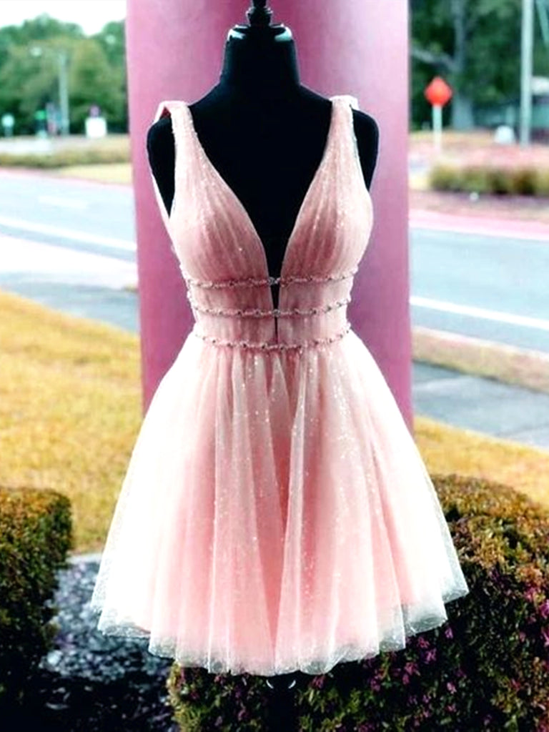 Shiny A Line V Neck Short Pink Prom Dresses, Shiny Short Pink Formal H jbydress Shiny A Line V Neck Short Pink Prom Dresses, Shiny Short Pink Formal H jbydress