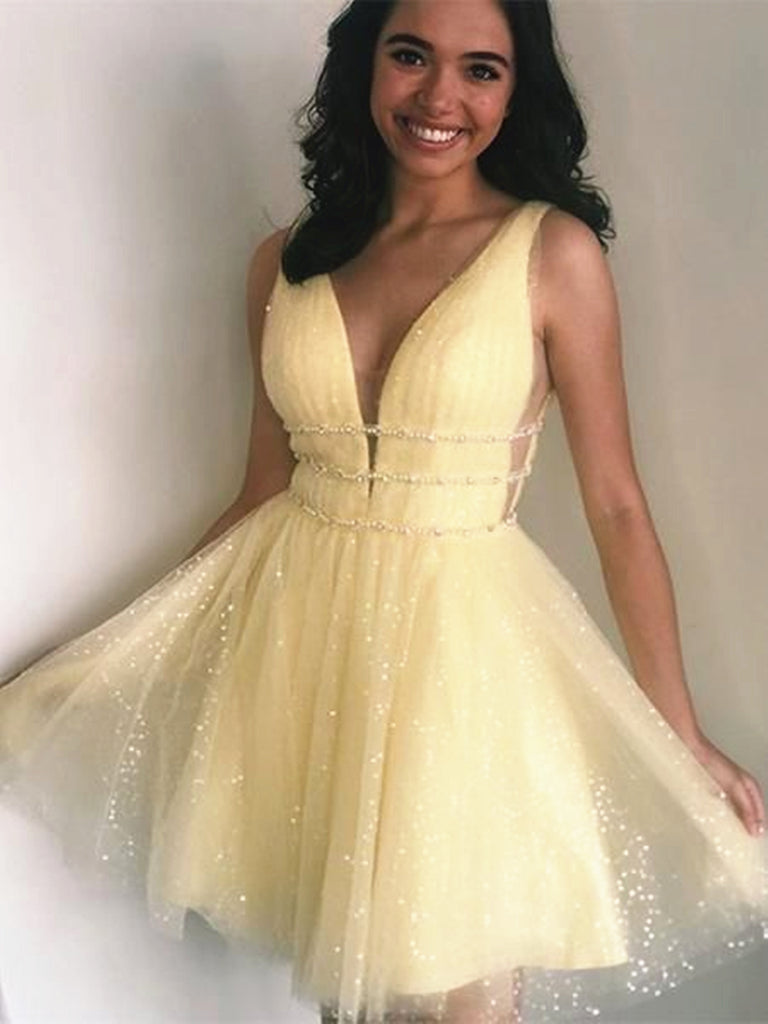 Shiny A Line V Neck Short Yellow Prom Dresses, Short V Neck Yellow For jbydress Shiny A Line V Neck Short Yellow Prom Dresses, Short V Neck Yellow For jbydress