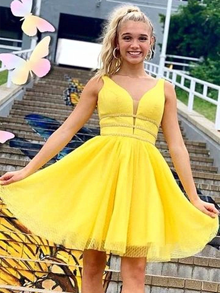 Shiny A Line V Neck Short Yellow Prom Dresses, Short Yellow Formal Hom jbydress Shiny A Line V Neck Short Yellow Prom Dresses, Short Yellow Formal Hom jbydress