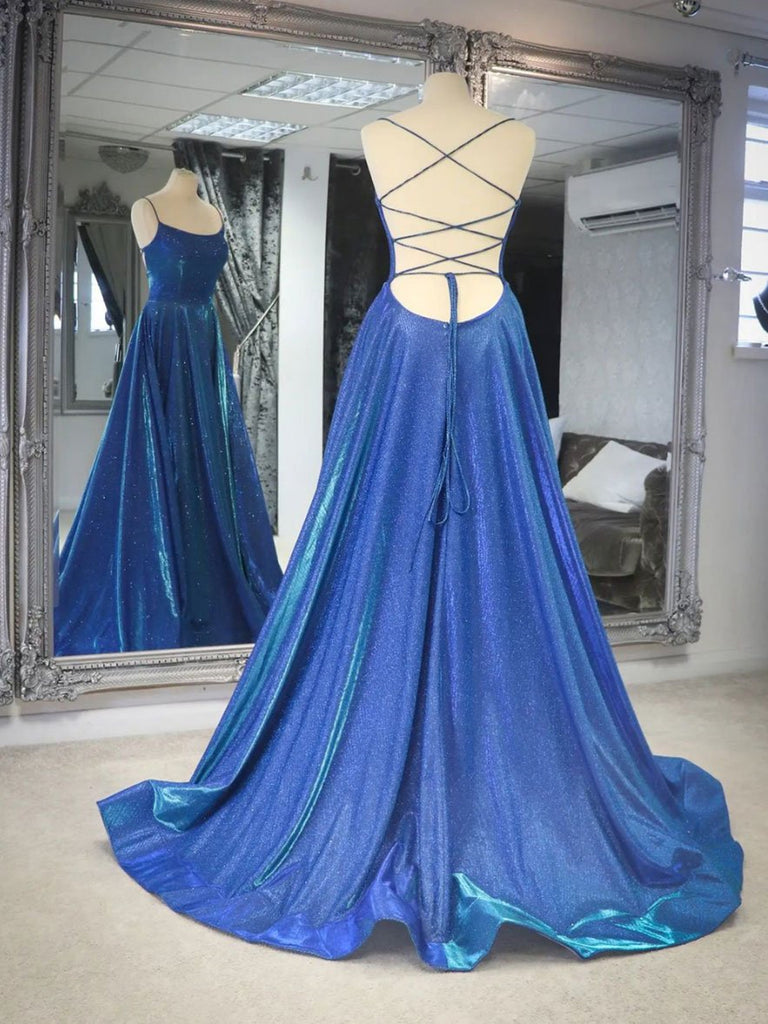 Shiny Backless Blue Prom Dresses, Open Back Blue Long Formal Evening Dresses