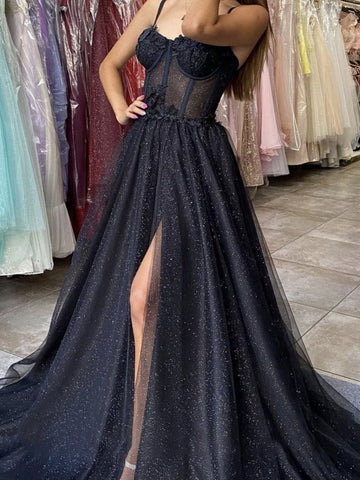 Shiny Black Lace Prom Dresses, Black Lace Formal Graduation Dresses