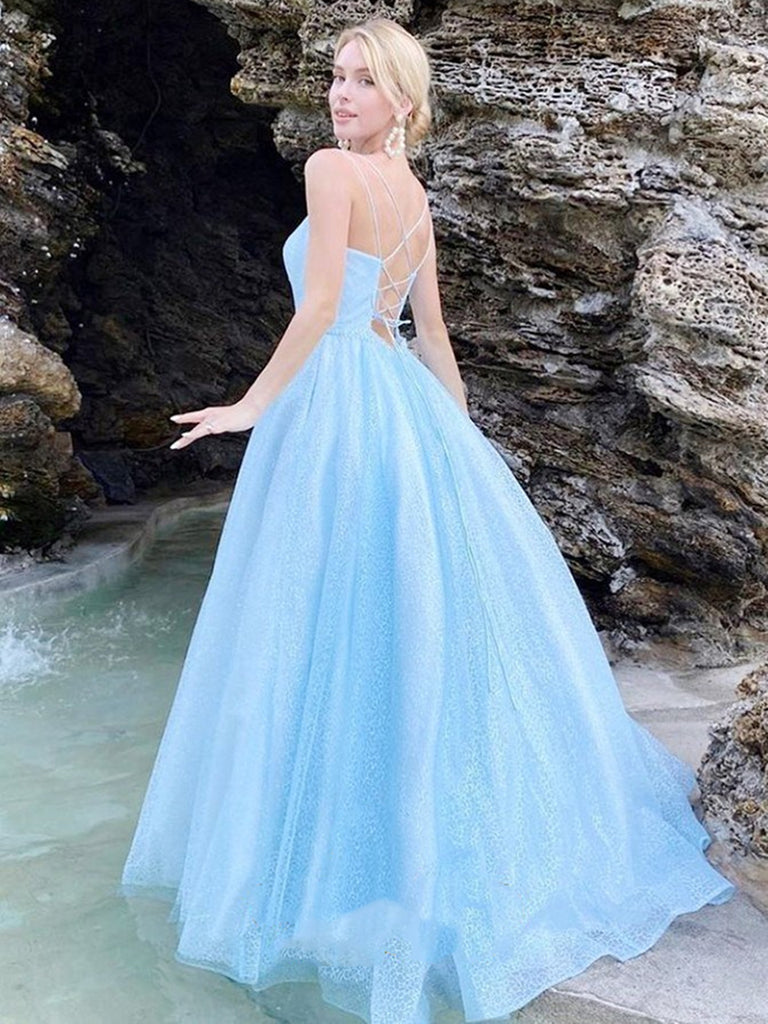 Shiny Blue Backless Prom Dresses with Thin Straps, Open Back Light Blu jbydress Shiny Blue Backless Prom Dresses with Thin Straps, Open Back Light Blu jbydress