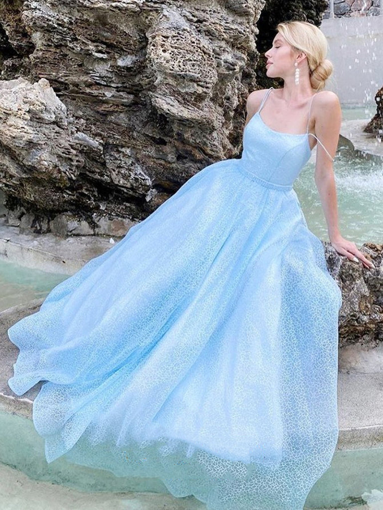 shiny blue dress Shiny Blue Backless Prom Dresses with Thin Straps, Open Back Light Blu – jbydress