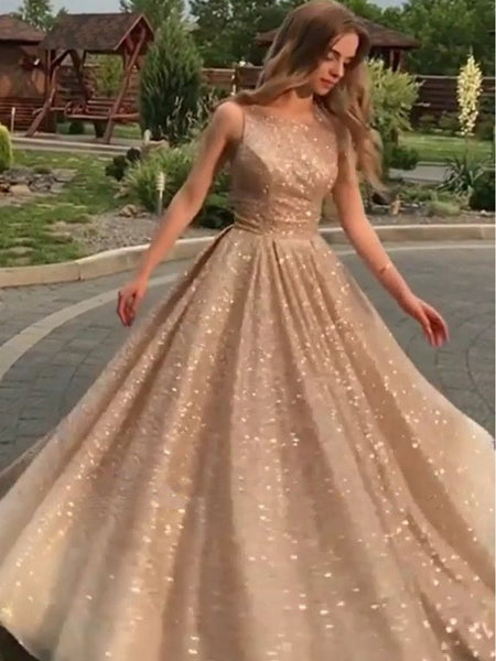Shiny Champagne Gold Sequins Sleeveless Long Prom Dresses, Shiny Long Formal Evening Dresses