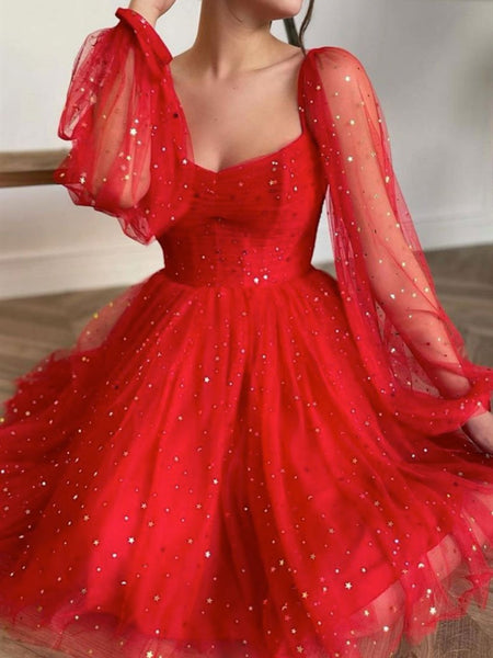 Shiny Long Sleeves Short Red Prom Dresses, Long Sleeves Short Red Formal Graduation Dresses