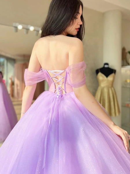 Shiny Off Shoulder Purple Tulle Long Prom Dresses, Long Lilac Formal Dresses, Purple Evening Dresses