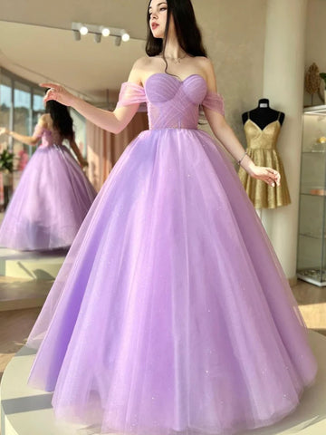 Shiny Off Shoulder Purple Tulle Long Prom Dresses, Long Lilac Formal Dresses, Purple Evening Dresses