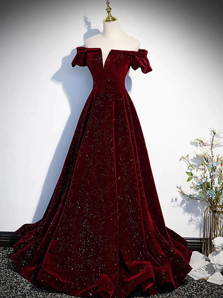 Shiny Off the Shoulder Burgundy Long Prom Dresses, Wine Red Long Forma jbydress Shiny Off the Shoulder Burgundy Long Prom Dresses, Wine Red Long Forma jbydress