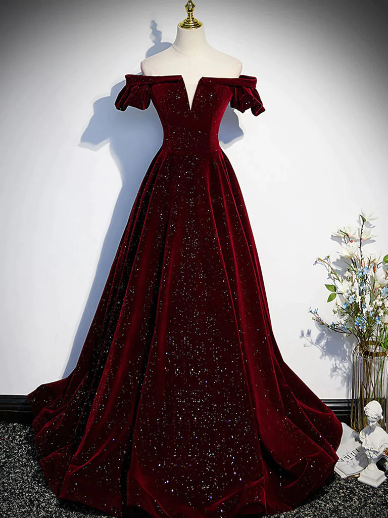 Shiny Off the Shoulder Burgundy Long Prom Dresses, Wine Red Long Formal Evening Dresses