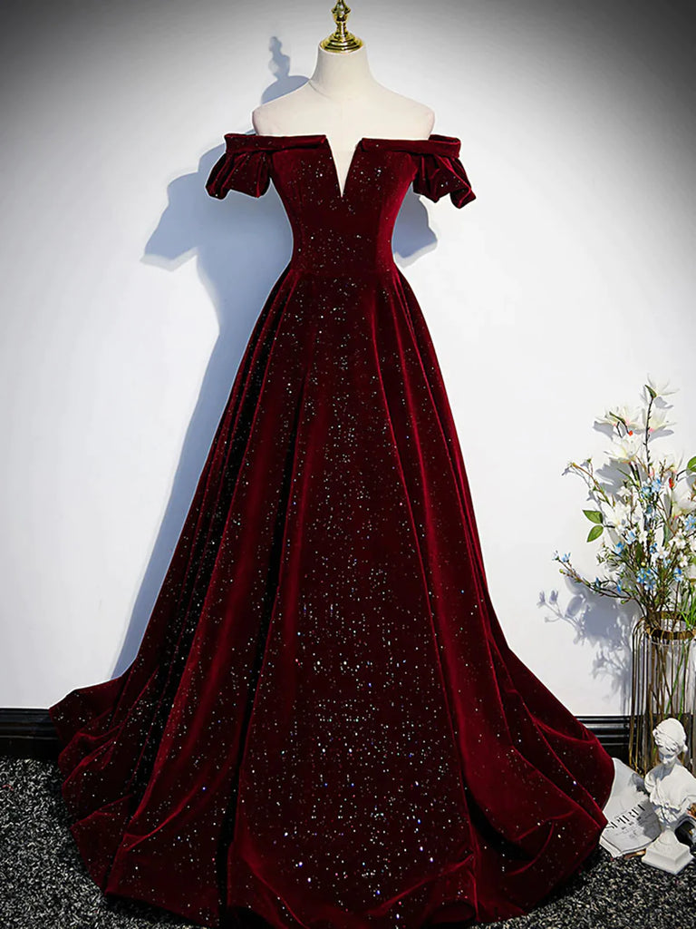 Shiny Off the Shoulder Burgundy Long Prom Dresses, Wine Red Long Forma jbydress Shiny Off the Shoulder Burgundy Long Prom Dresses, Wine Red Long Forma jbydress
