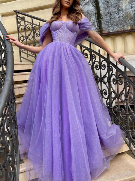 Shiny Off the Shoulder Purple Prom Dresses, Off Shoulder Purple Long Formal Graduation Dresses