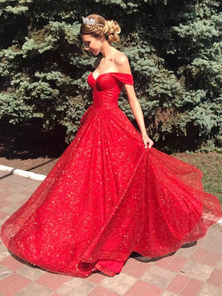Shiny Off the Shoulder Red Long Prom Dresses, Off Shoulder Red Long Formal Evening Dresses